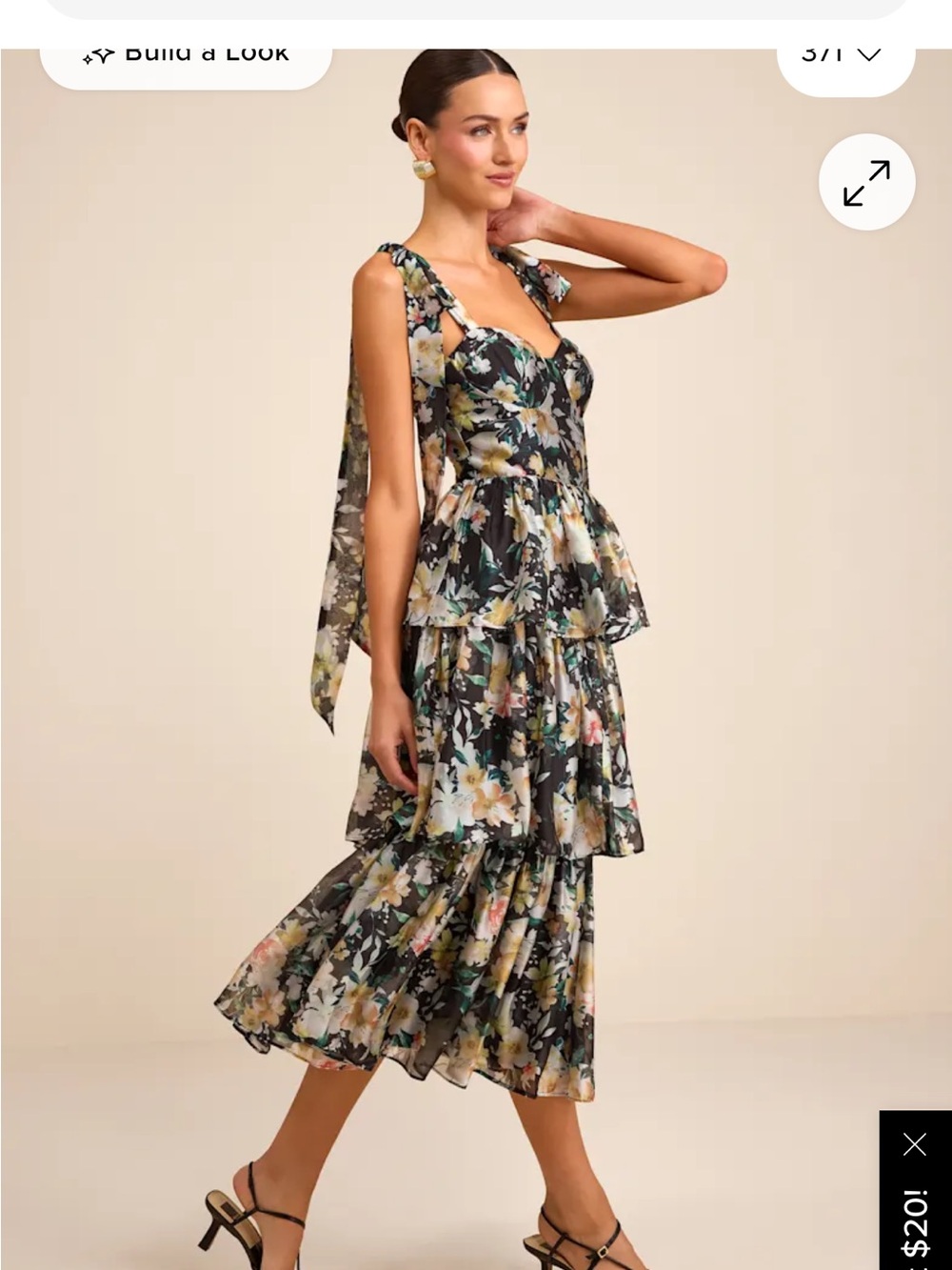 Lulu's Black Floral Tiered Midi Dress with Tie Straps